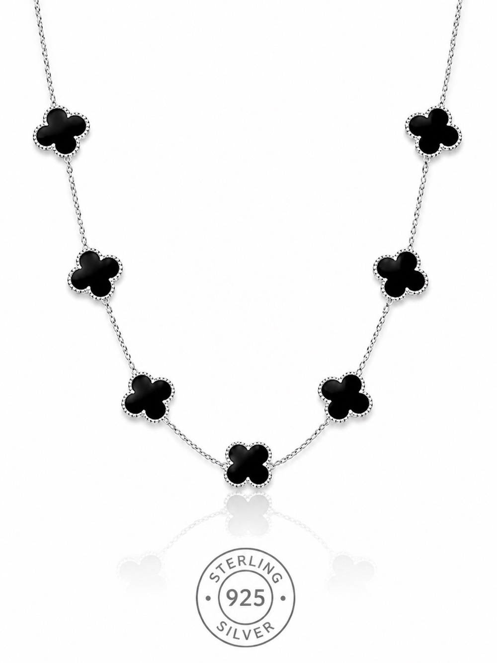 925 Sterling Silver Onyx Clover Station Necklace - Picture 2 of 7